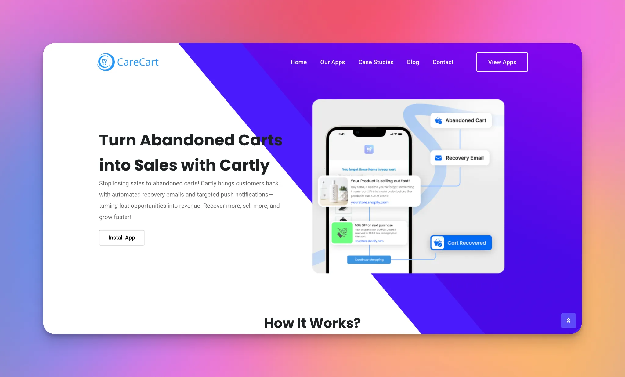 Cartly Shopify uygulaması — otomatik sepet terki kurtarma e-postaları.