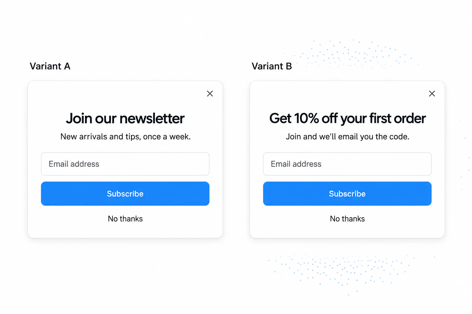 Two versions of one signup popup that differ only in the offer: Join our newsletter vs Get 10% off your first order, with the same Subscribe button
