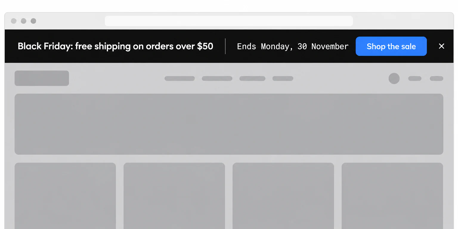 Example Black Friday announcement bar: free shipping on orders over $50, ends Monday, 30 November, with a Shop the sale button