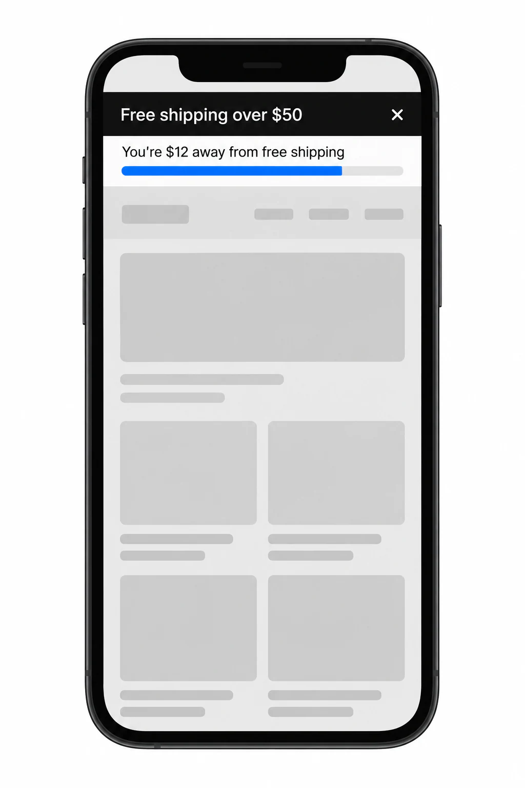 Example mobile free-shipping bar reading Free shipping over $50, with a progress line: You're $12 away from free shipping