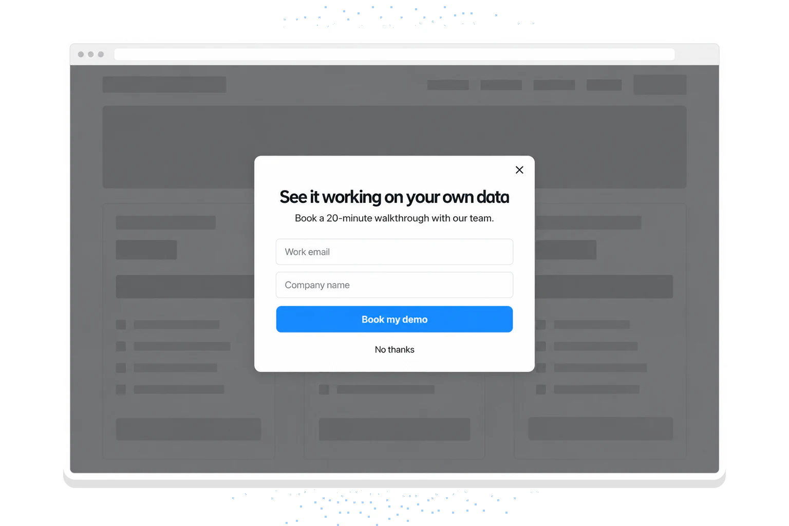 Example demo-request popup on a software pricing page asking only for work email and company name, with a Book my demo button