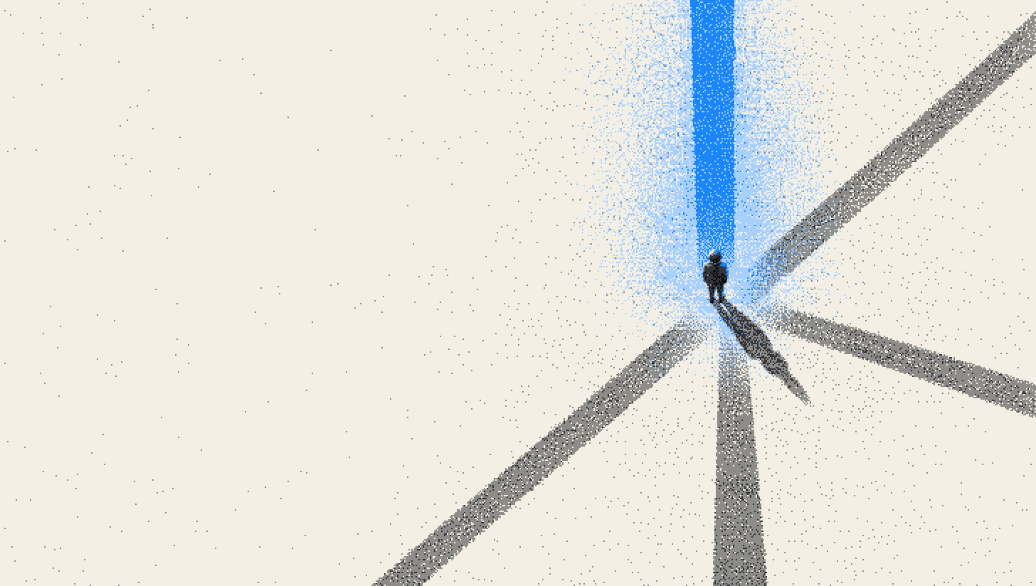 A figure standing where five paths meet, one of the paths lit blue