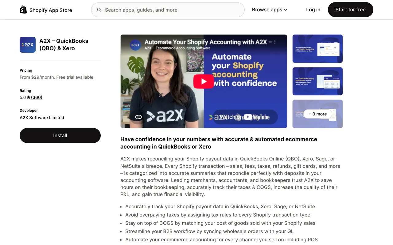 a screenshot of QuickBooks Xero Sync app on Shopify app store by A2X, rated 5.0 from 360 reviews