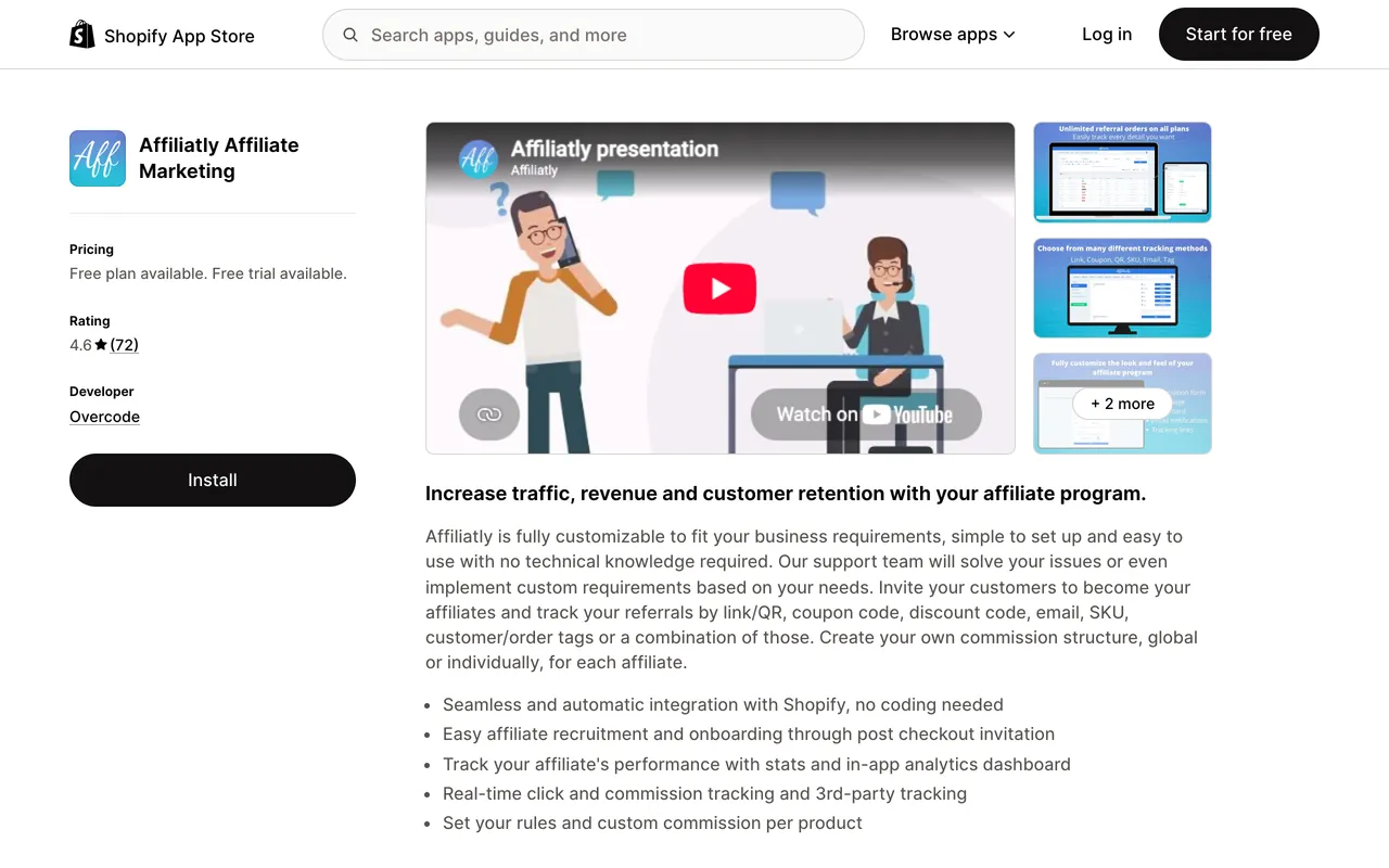 a screenshot of Affiliatly app on Shopify app store, rated 4.6 from 72 reviews