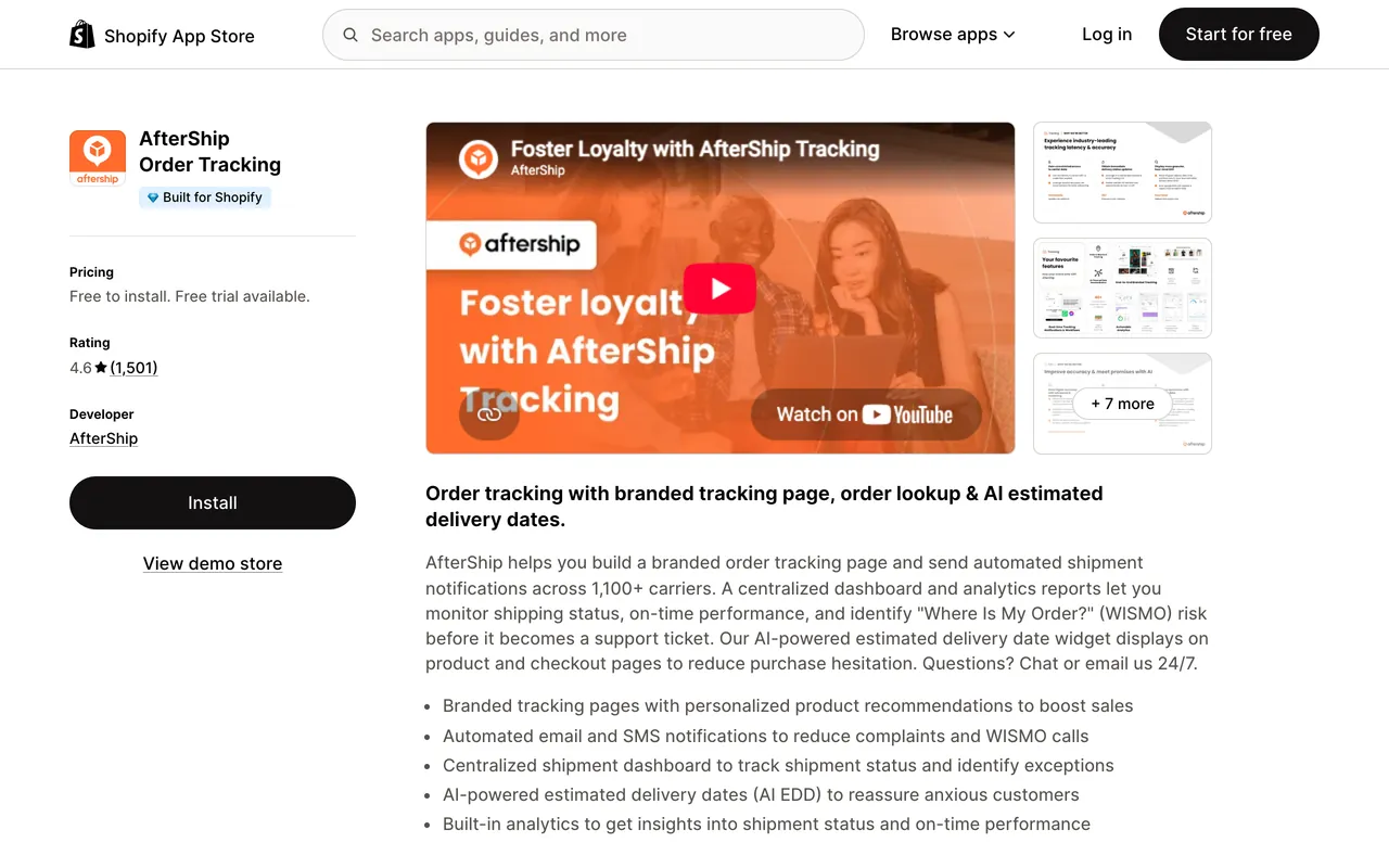 a screenshot of Aftership introduction images on Shopify app store, rated 4.6 from 1,501 reviews