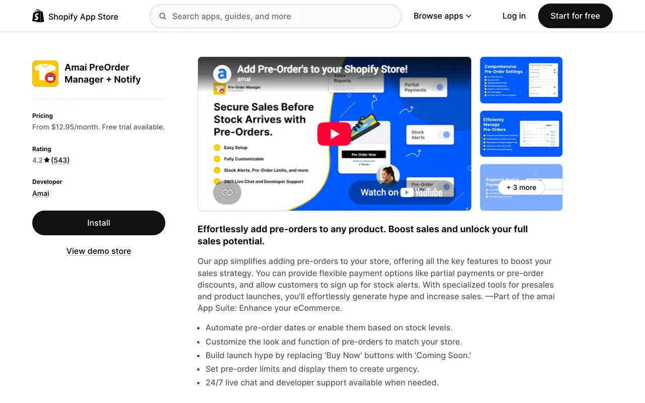 a screenshot of pre order Manager on Shopify app store, now Amai PreOrder Manager + Notify, rated 4.2 from 543 reviews