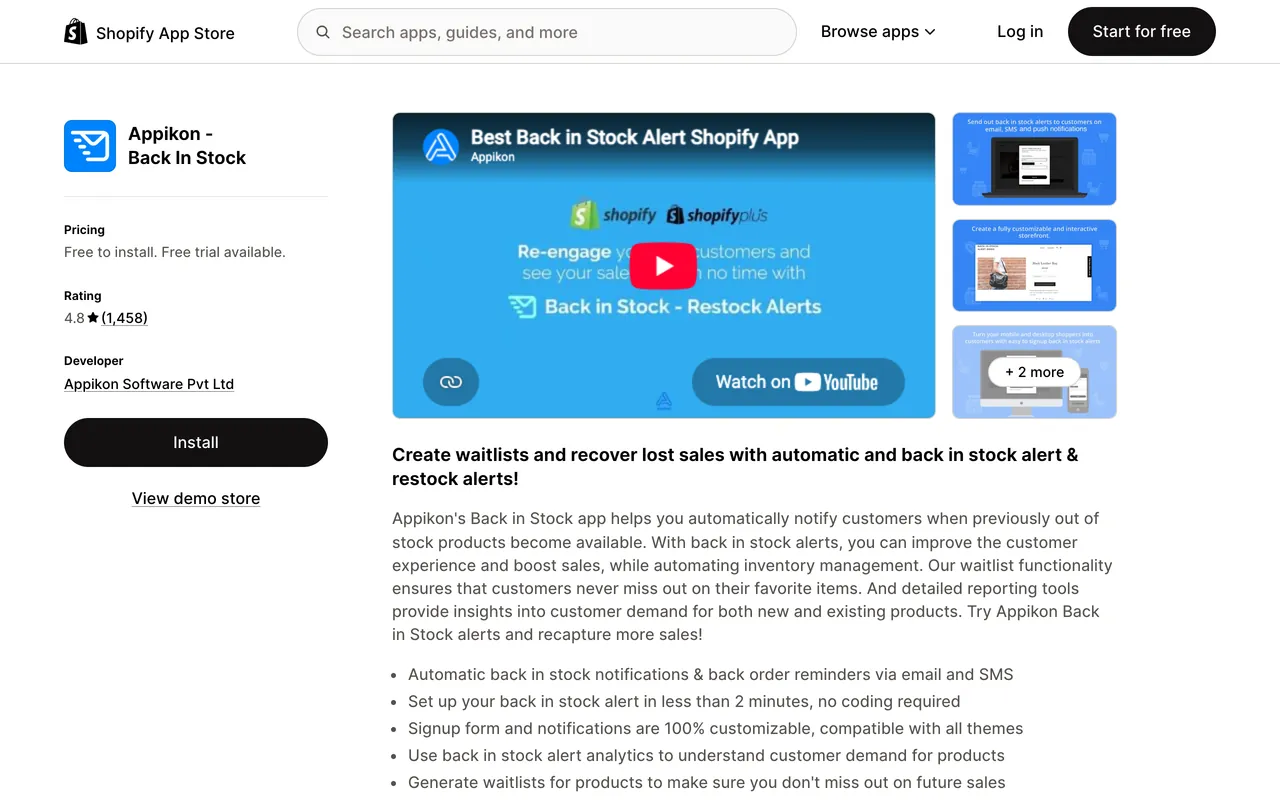 a screenshot of Back-in stock app on Shopify app store by Appikon, rated 4.8 from 1,458 reviews