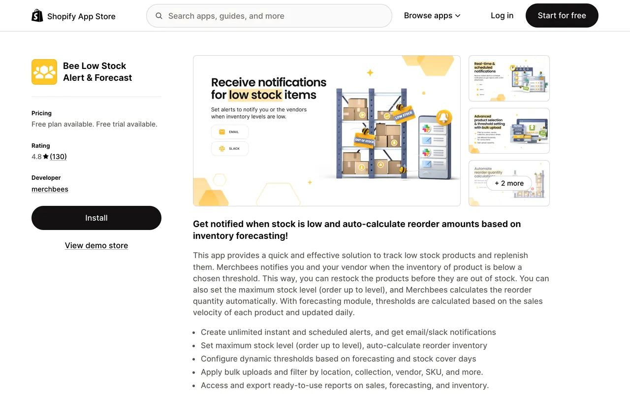 a screenshot of Merchbees low stock on Shopify app store, now Bee Low Stock Alert & Forecast, rated 4.8 from 130 reviews