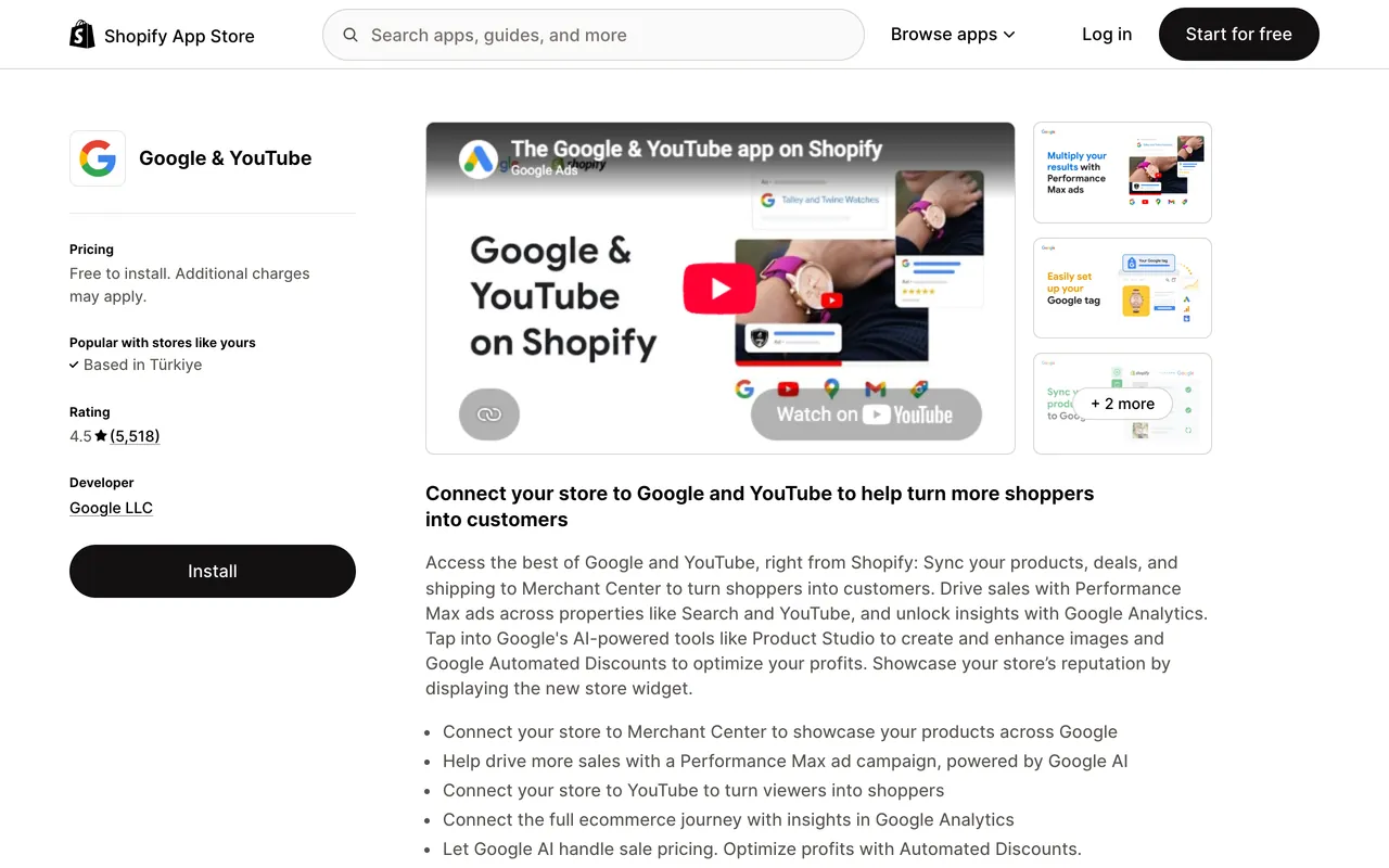 a screenshot of the Google & YouTube app, formerly Google Channel, on Shopify app store, rated 4.5 from 5,518 reviews