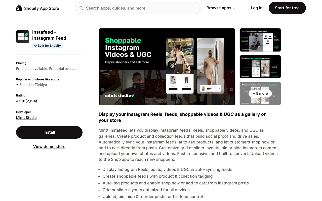 a screenshot of Instafeed app on Shopify app store, rated 4.9 from 2,194 reviews