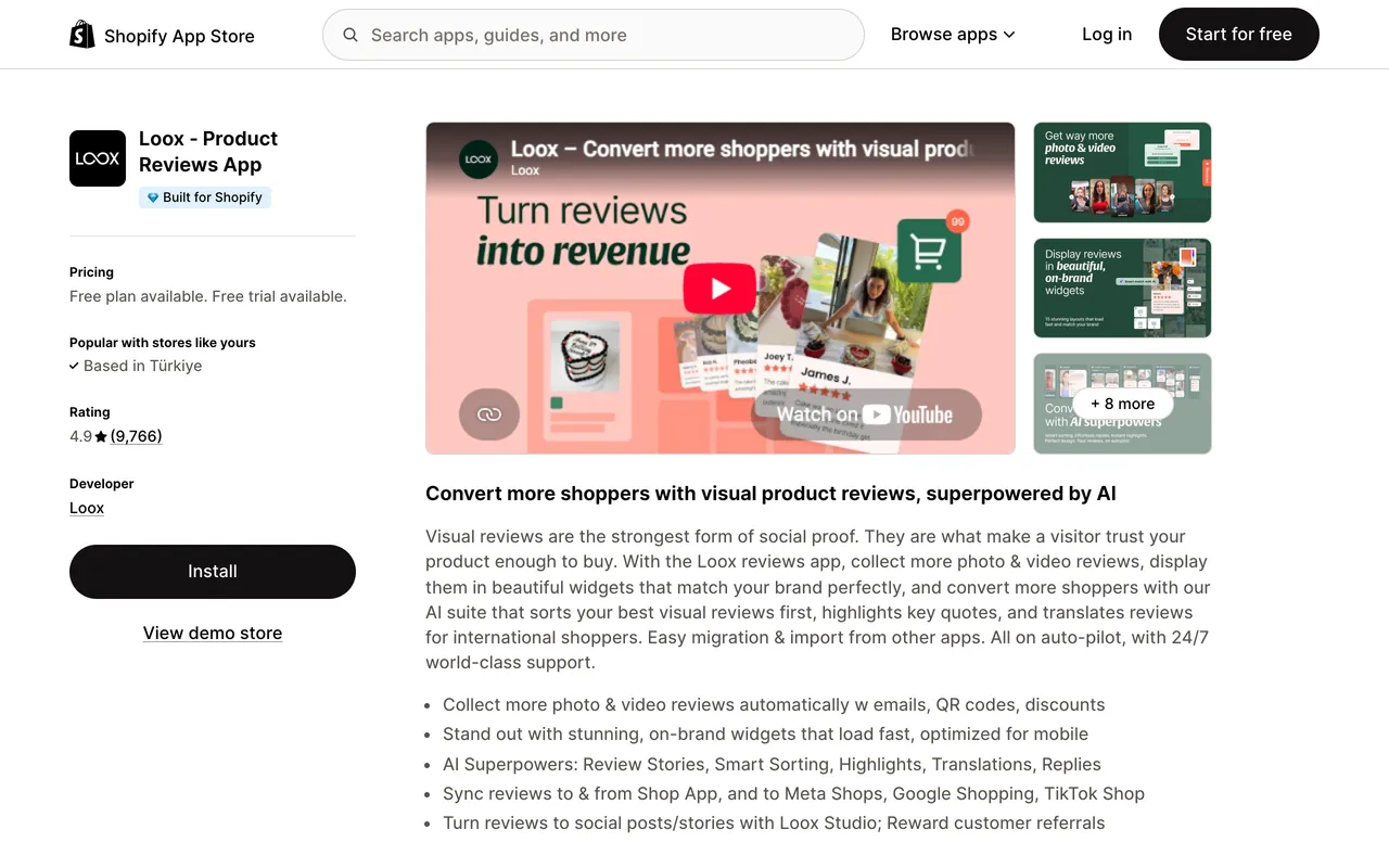 a screenshot of Loox app on Shopify apps store, rated 4.9 from 9,766 reviews