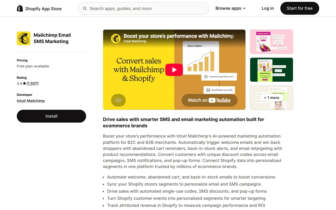 a screenshot of Mailchimp email marketing and automation platform on Shopify app store, rated 4.8 from 1,507 reviews