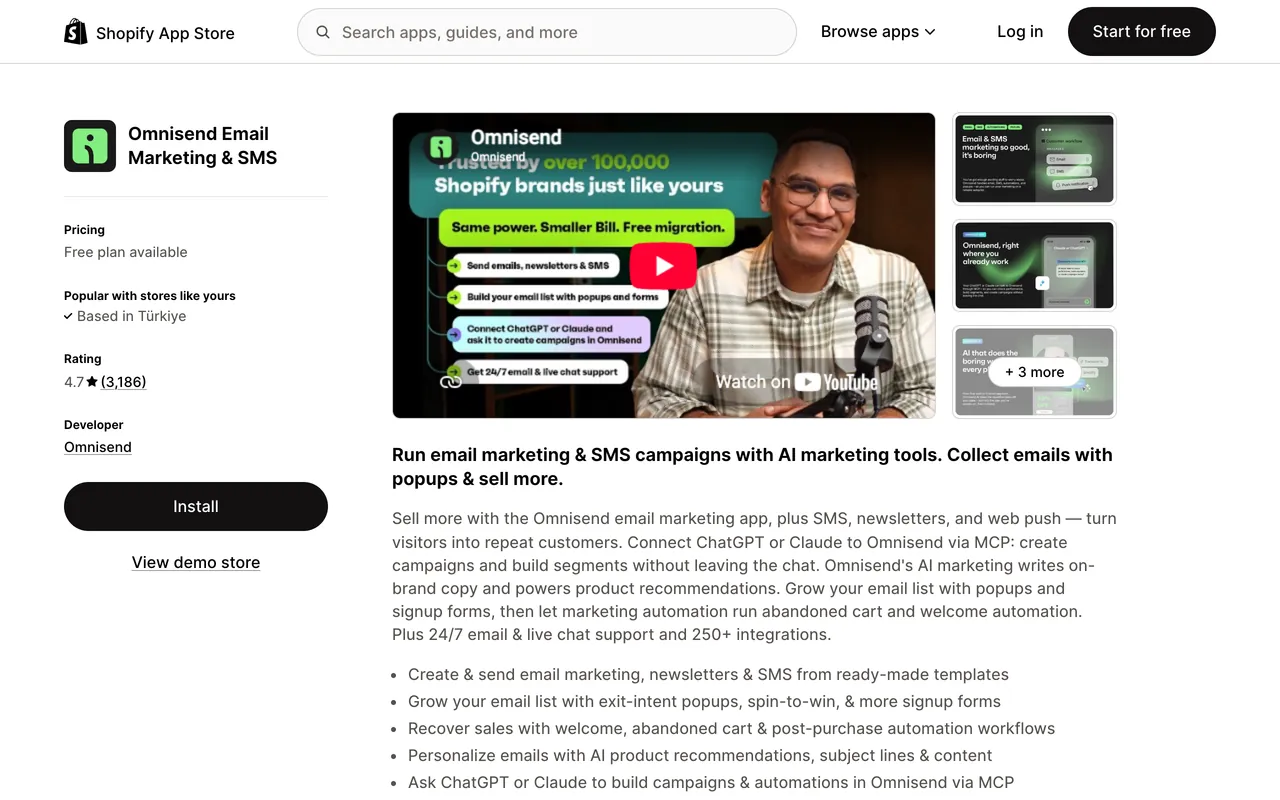 A screenshot of Omnisend's page from Shopify app store, rated 4.7 from 3,186 reviews