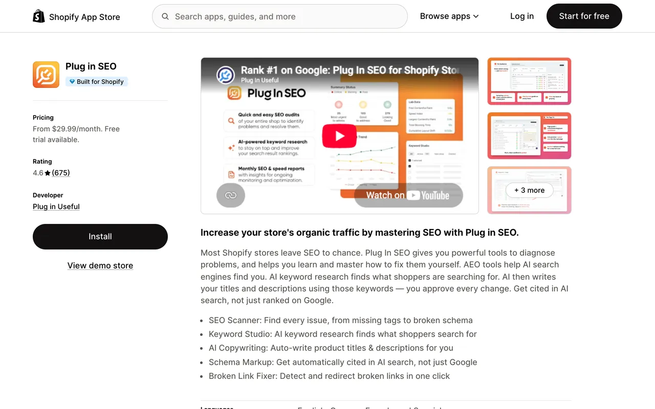 a screenshot of Plug In SEO optimizer on Shopify app store, rated 4.6 from 675 reviews