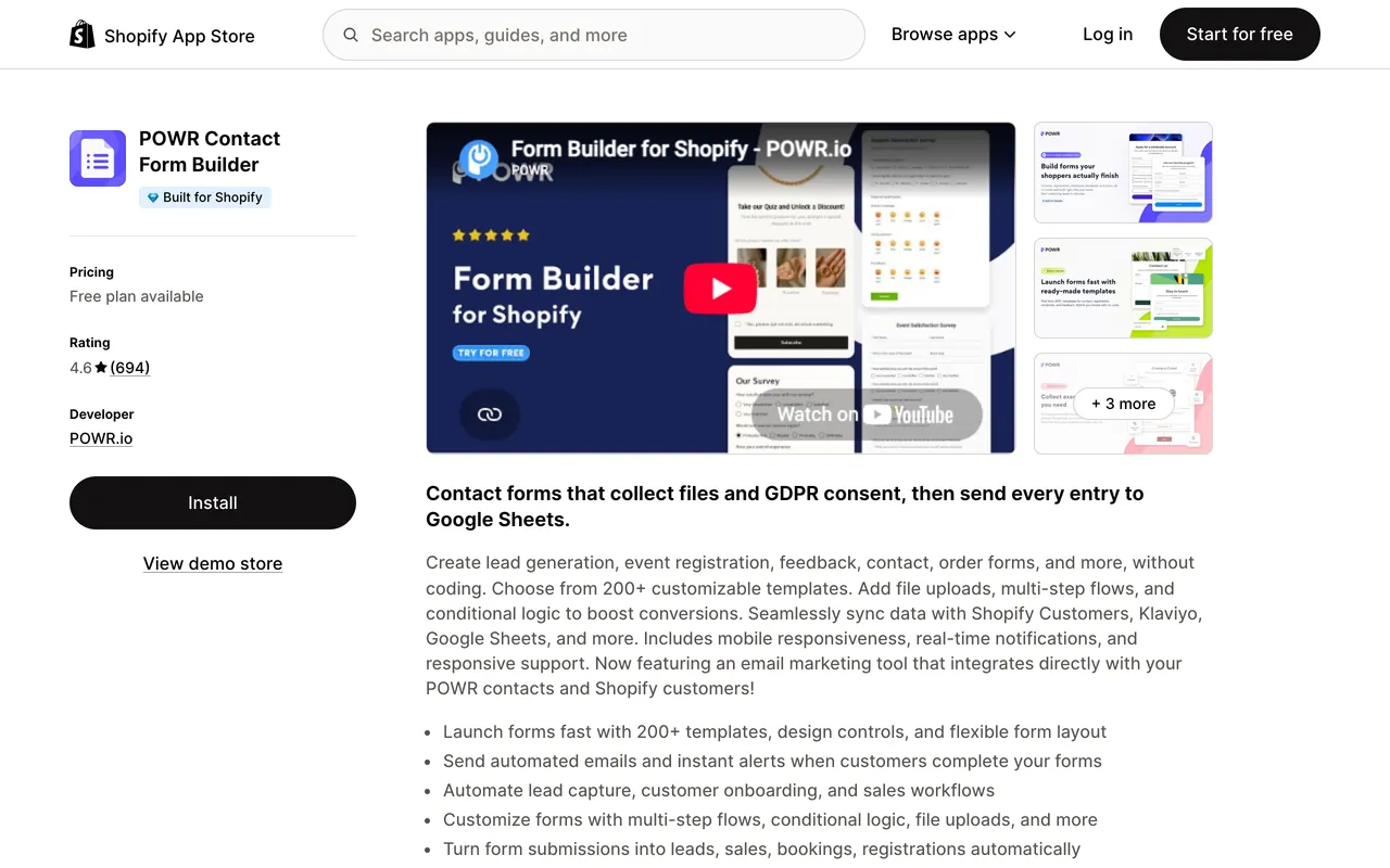 a screenshot of Contact Form by POWR-io on Shopify app store, rated 4.6 from 694 reviews