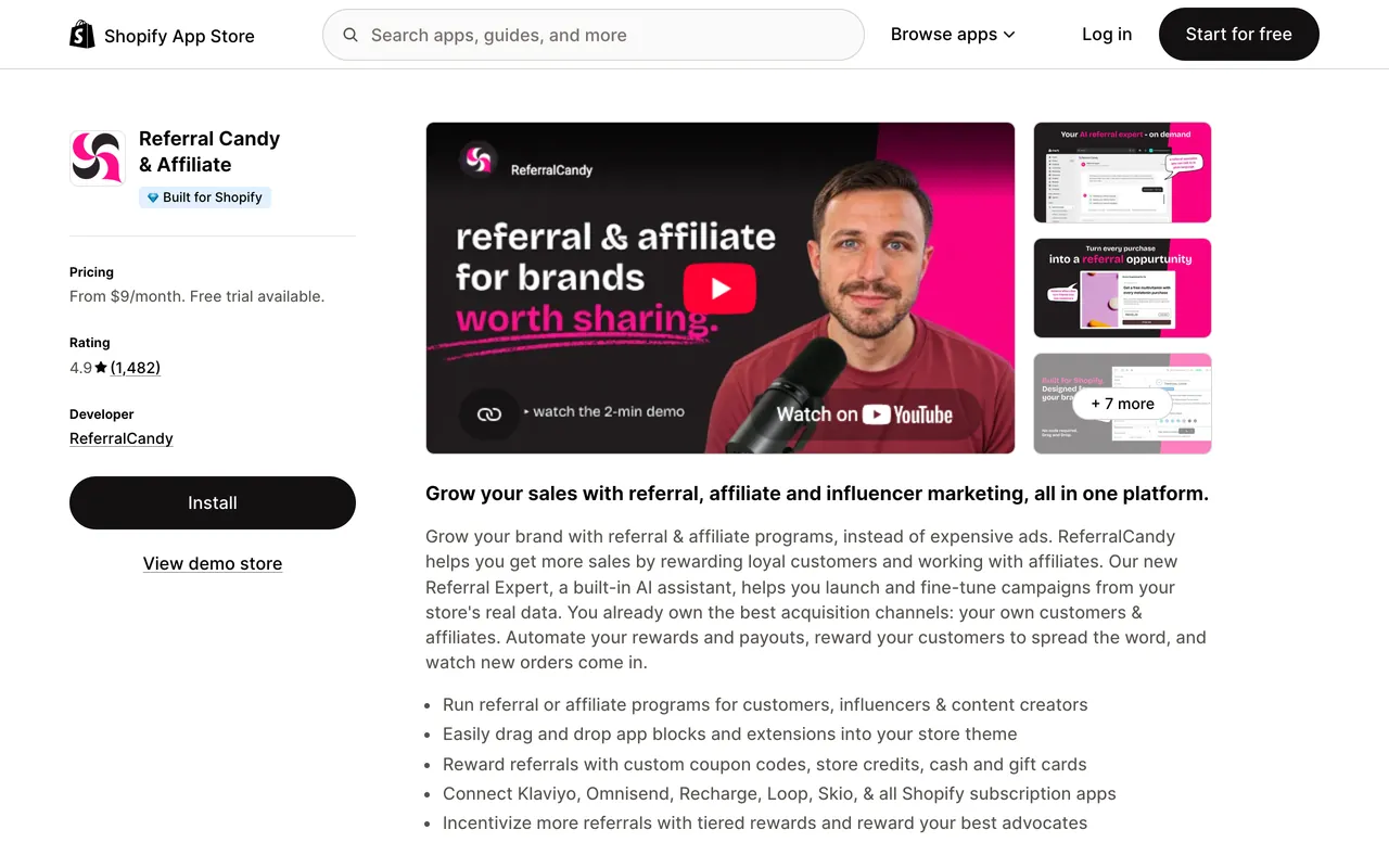 a screenshot of ReferralCandy app on Shopify app store, rated 4.9 from 1,482 reviews