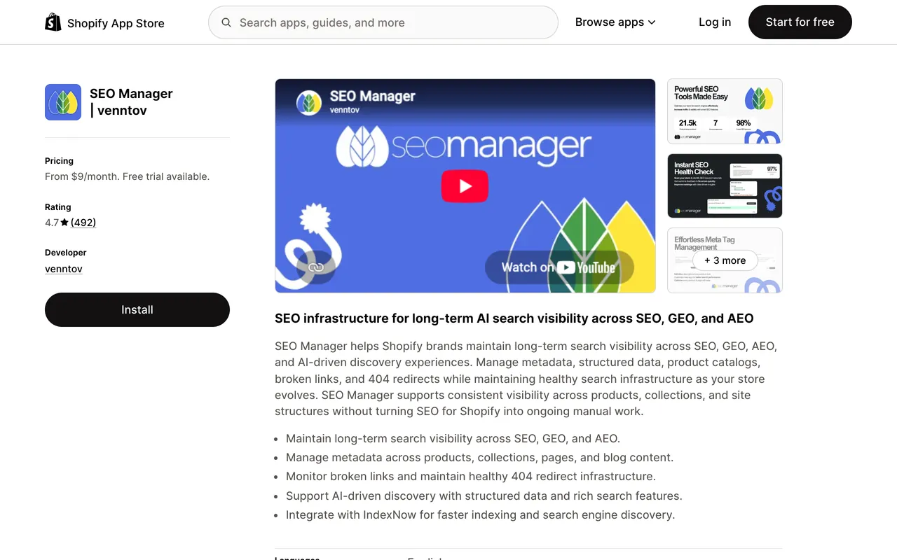 a screenshot of SEO Manager app on Shopify app store, rated 4.7 from 492 reviews