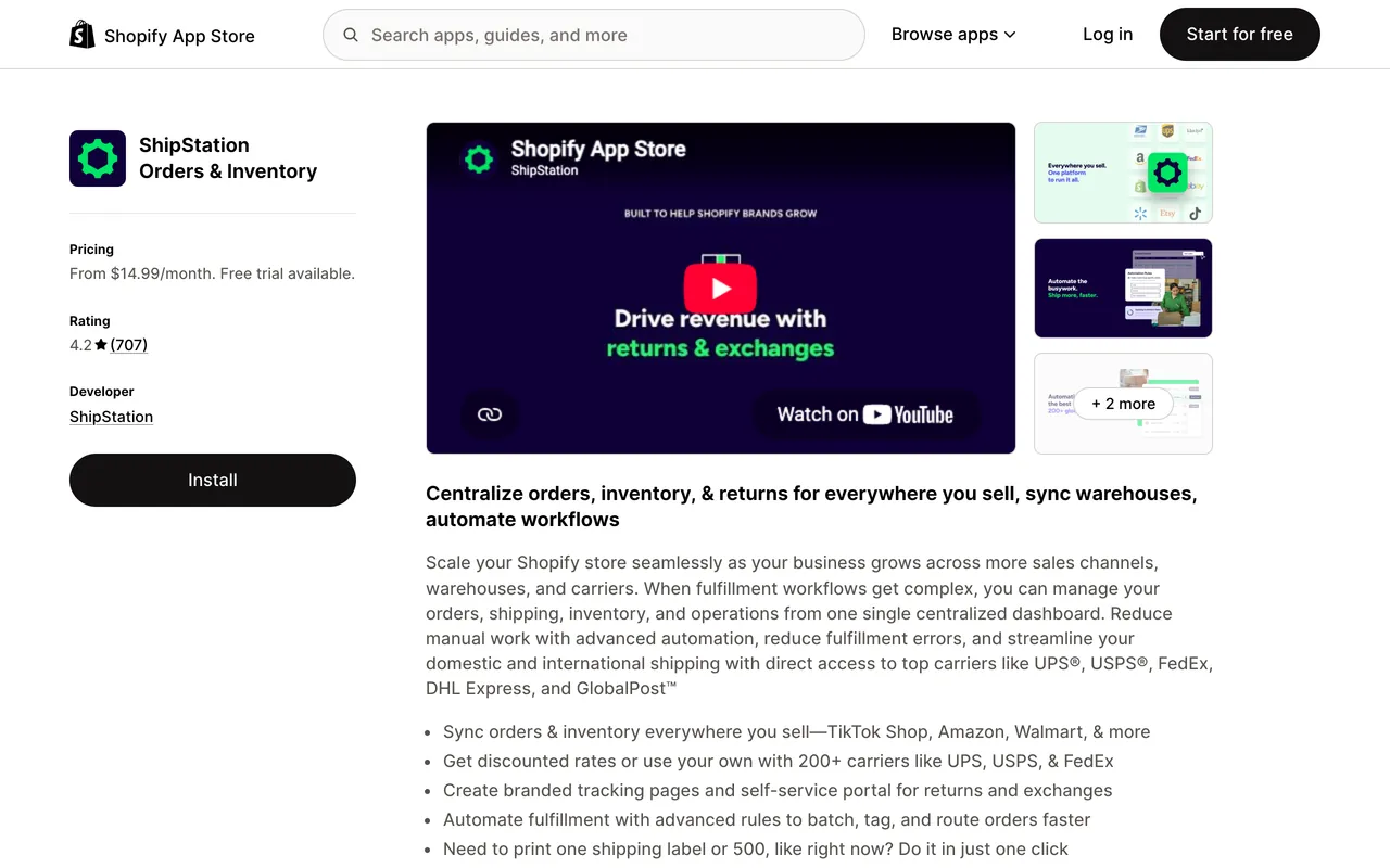 a screenshot of ShipStation app on Shopify apps store, rated 4.2 from 707 reviews