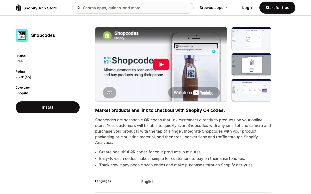 a screenshot of Shopcodes app on Shopify app store, rated 2.7 from 45 reviews