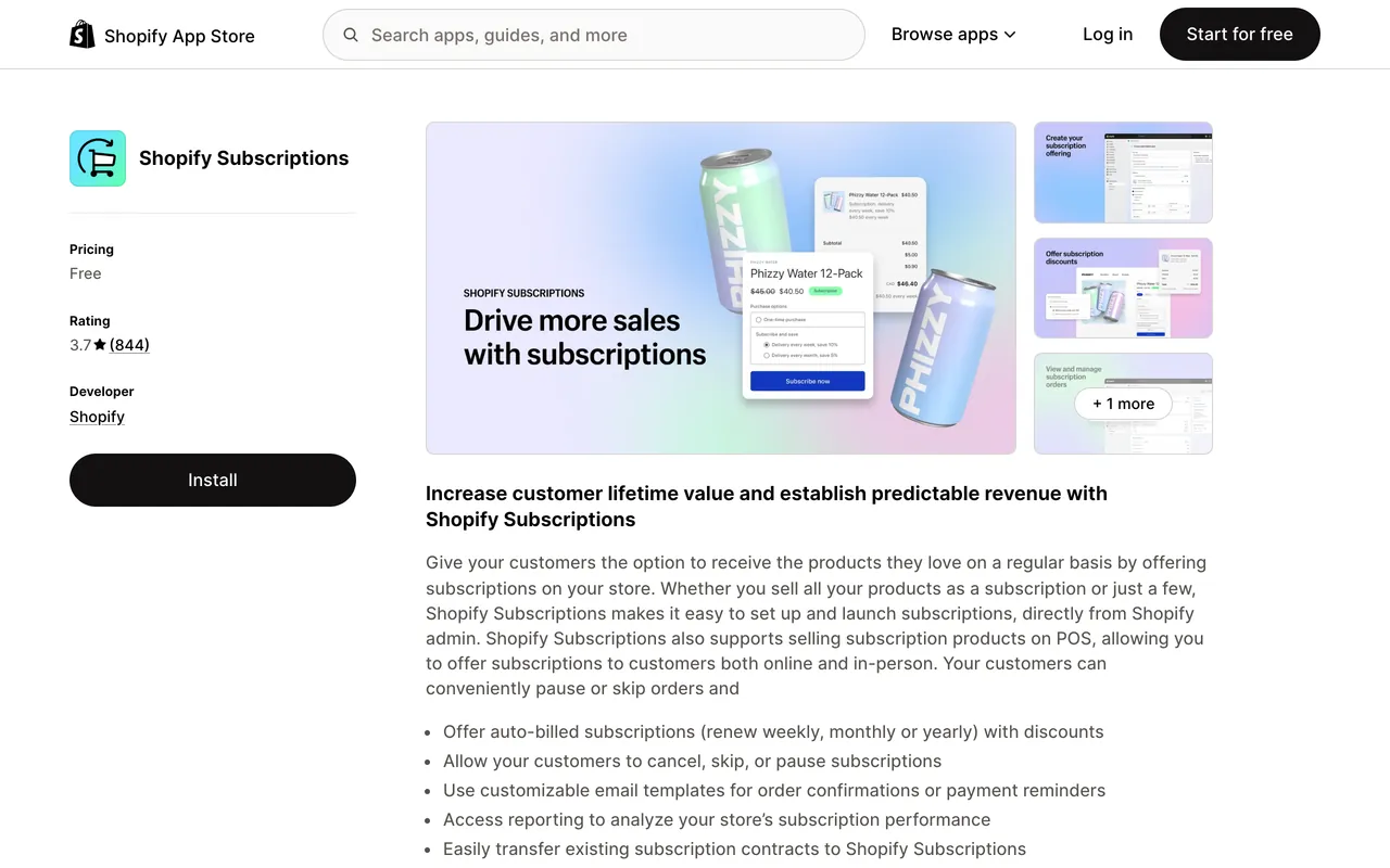 a screenshot of Shopify Subscriptions app on Shopify app store, free, rated 3.7 from 844 reviews