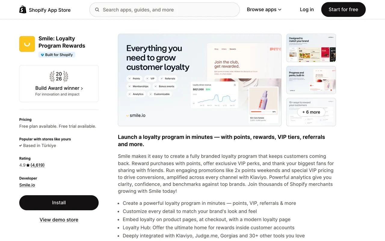 a screenshot of Smile Rewards and Loyalty app on Shopify apps store, rated 4.9 from 4,619 reviews
