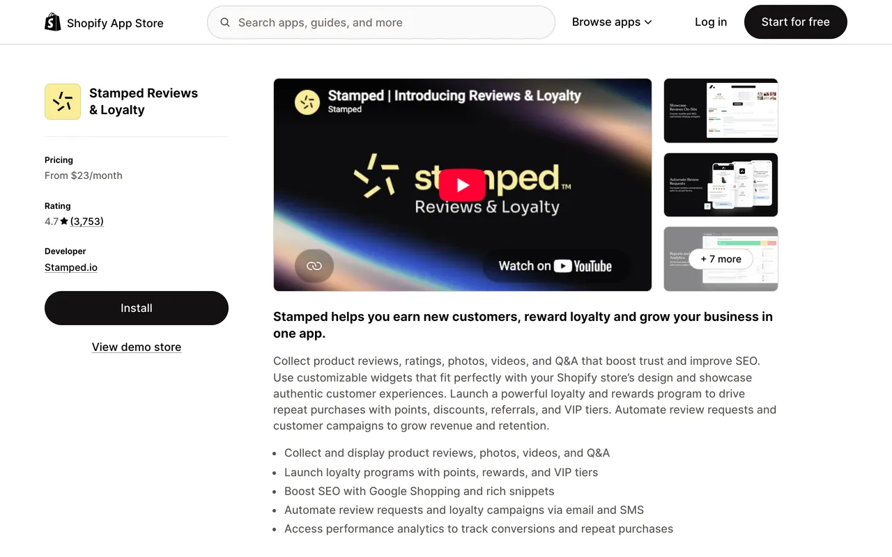 a screenshot of Stamped Reviews & Loyalty on Shopify app store, rated 4.7 from 3,753 reviews