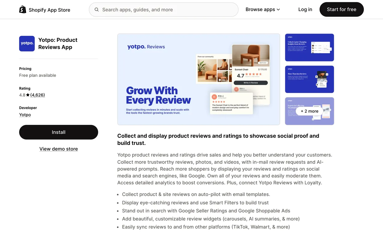 a screenshot of Yotpo Product Reviews App on Shopify app store, rated 4.8 from 4,626 reviews