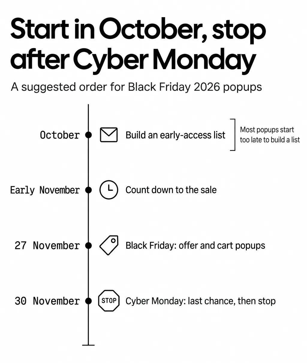 2026 Black Friday popup calendar: October list building, early November countdown, 27 and 30 November offers
