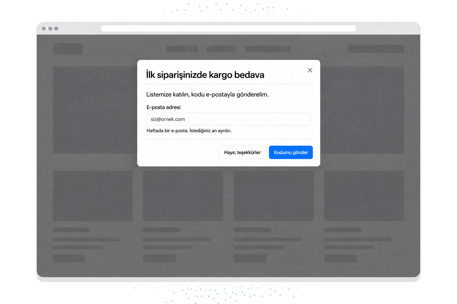 Ücretsiz kargo sunan, tek e-posta alanı ve Kodumu gönder butonu olan örnek Bootstrap tarzı bülten modal'ı