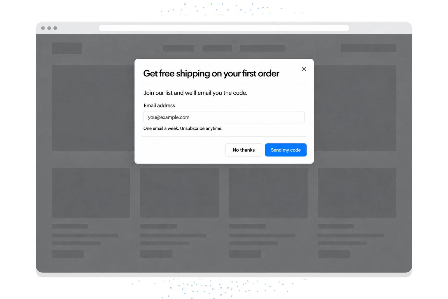 Example Bootstrap-style newsletter modal offering free shipping, with one email field and a Send my code button