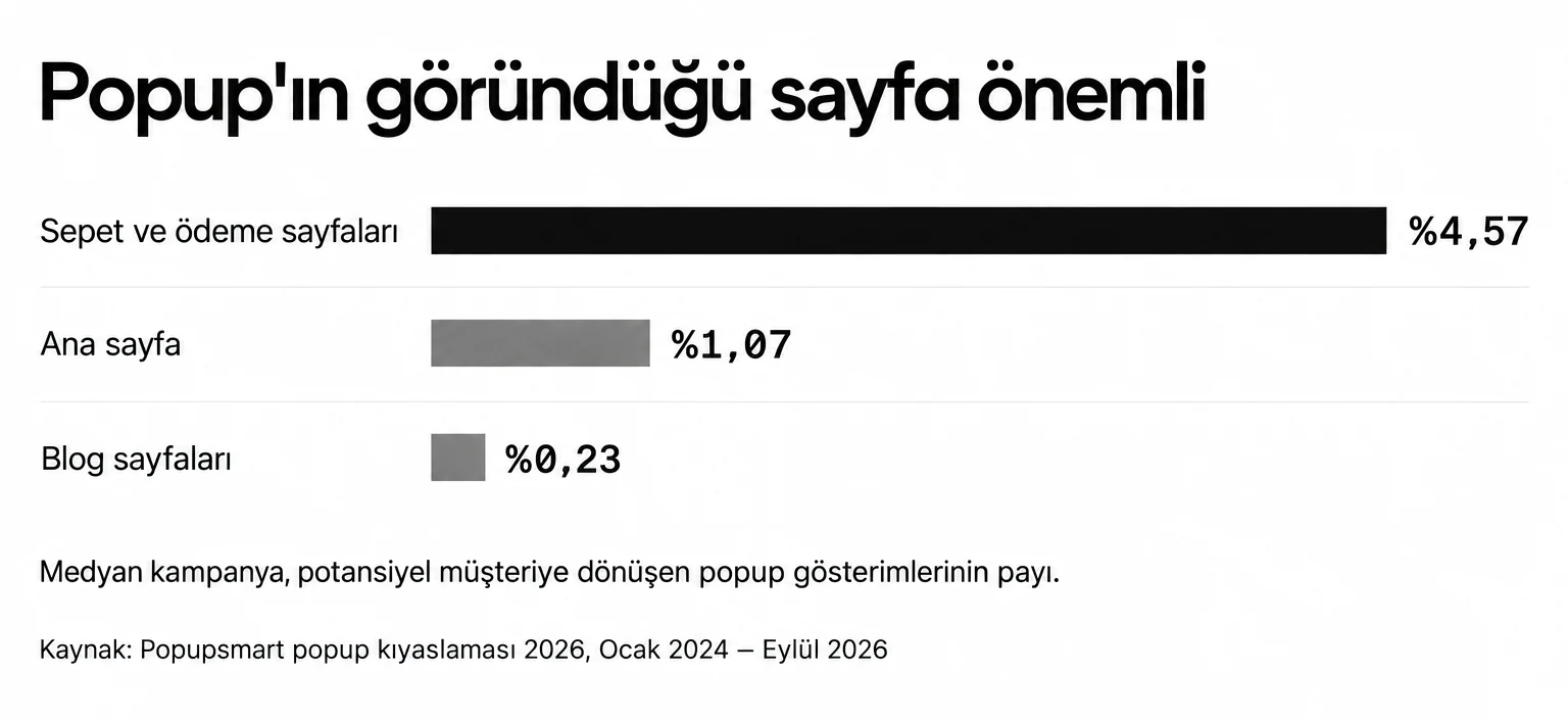 Sepet ve ödeme sayfalarındaki popup'lar gösterimlerinin %4,57'sini potansiyel müşteriye dönüştürdü; ana sayfada bu oran %1,07, blog sayfalarında %0,23 (medyan kampanya)