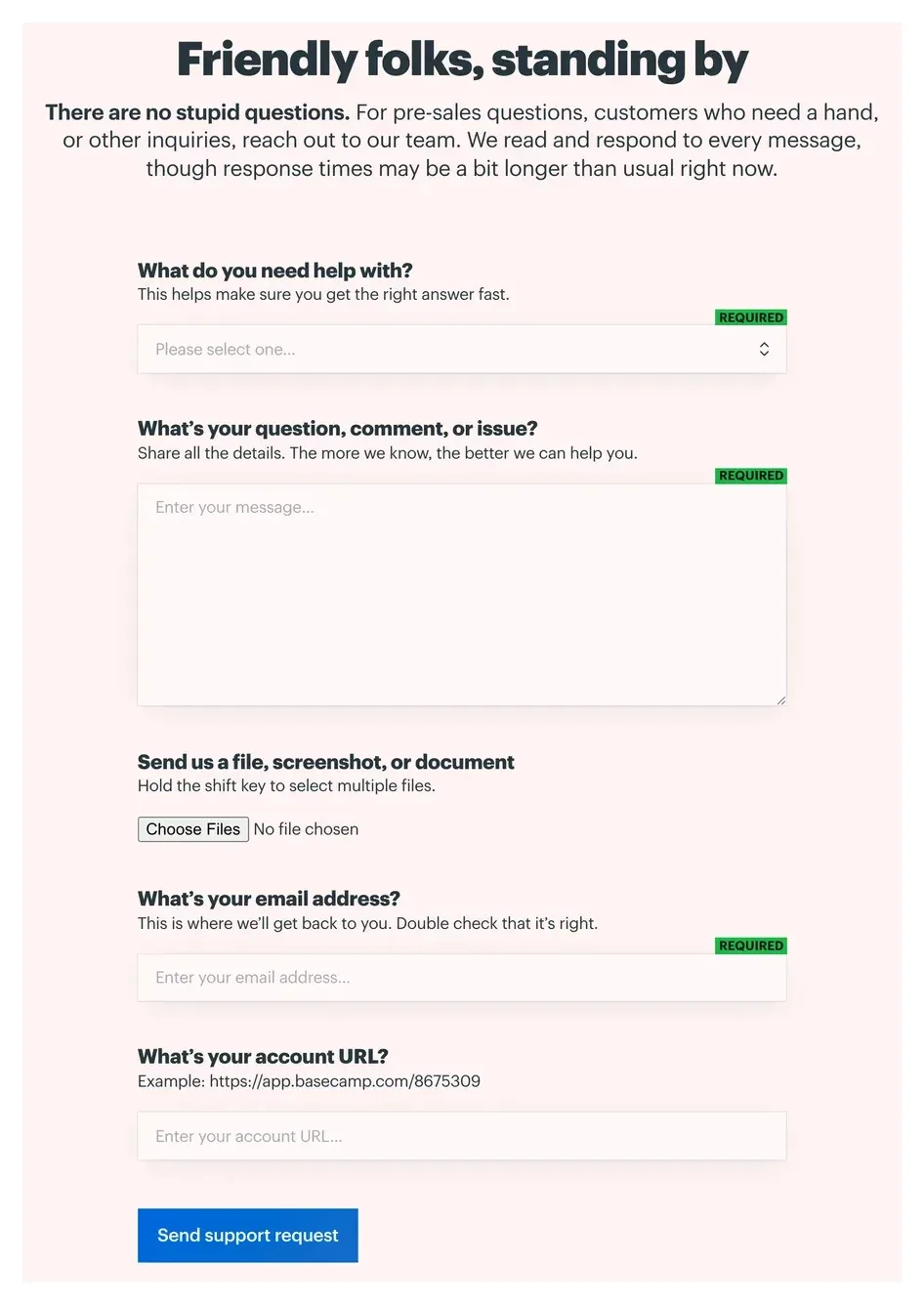Basecamp support form with question-style labels and helper text for the issue type, message, file upload, email and account URL