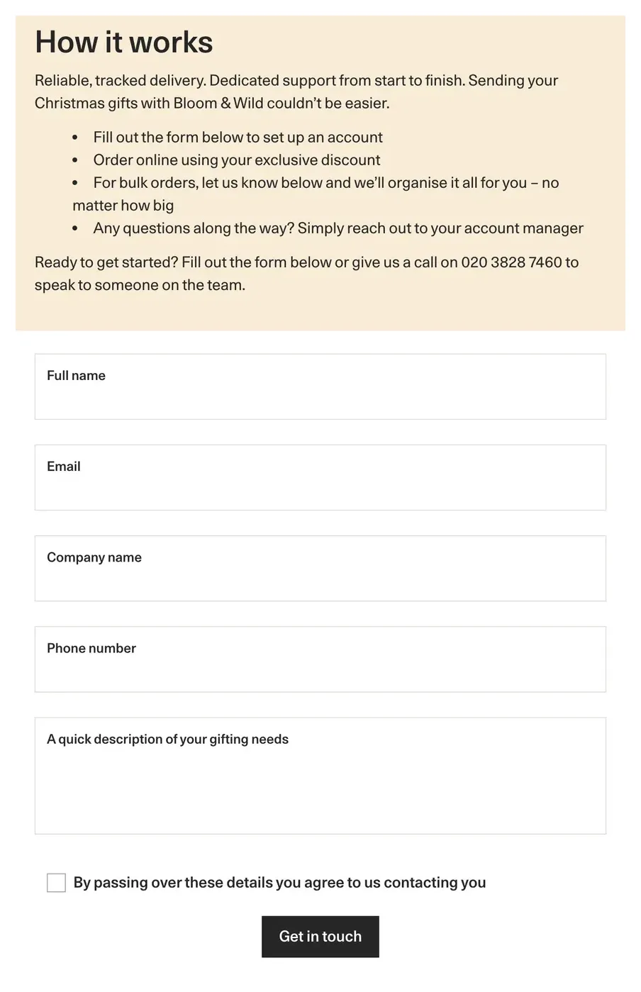 Bloom and Wild business gifting enquiry form with full name, email, company, phone and a gifting needs description below a How it works list