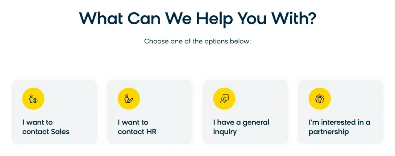 Bloomreach contact page asking What Can We Help You With with four cards for sales, HR, a general inquiry and partnerships