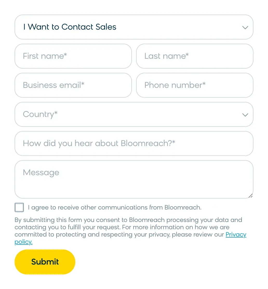 Bloomreach sales contact form with a reason dropdown, name, business email, phone, country, referral source and message fields