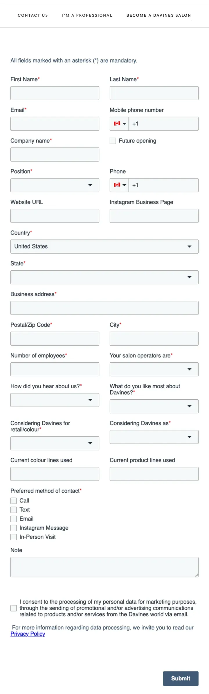 Davines Become a Davines Salon application form with business, address, staff, product line and preferred contact method fields
