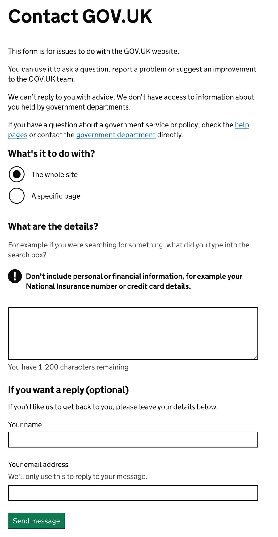 Contact GOV.UK form explaining what it is for, with a whole site or specific page choice, a details box and optional reply details