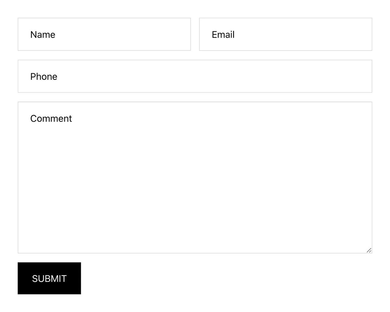 Kirrin Finch contact form with name, email, phone and comment fields and a Submit button, no heading or intro text