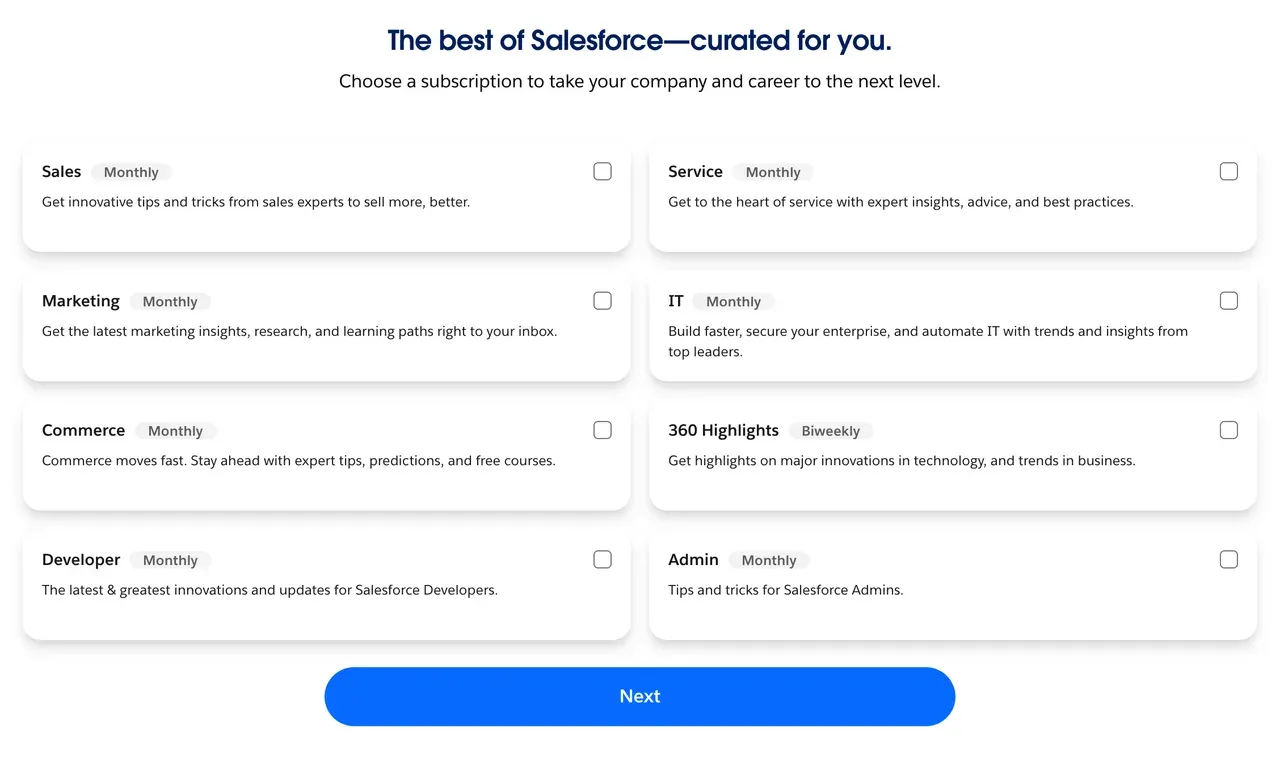Salesforce newsletter sign-up step one with eight newsletter cards to tick, each showing a monthly or biweekly frequency
