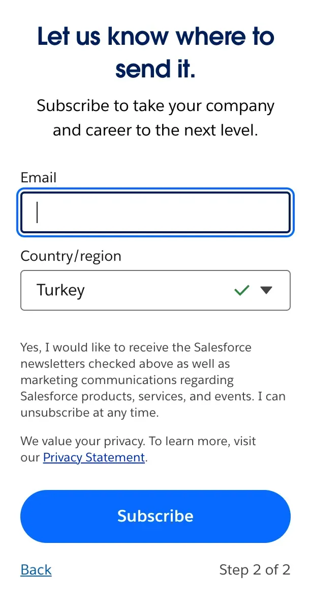 Salesforce newsletter step two asking only for email and country, with a consent line, Subscribe button and Step 2 of 2 label