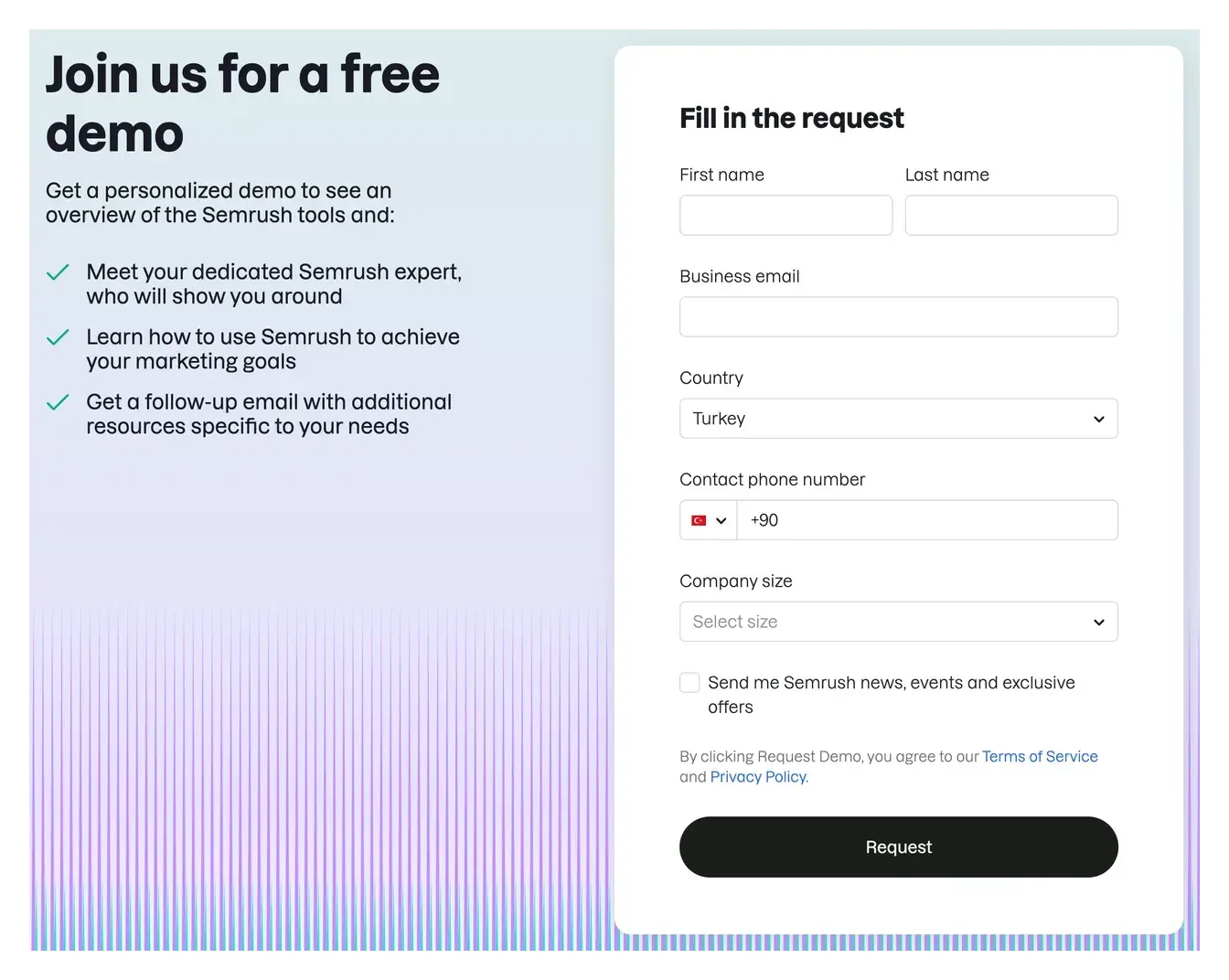 Semrush demo request page with three listed benefits on the left and a form for name, business email, country, phone and company size