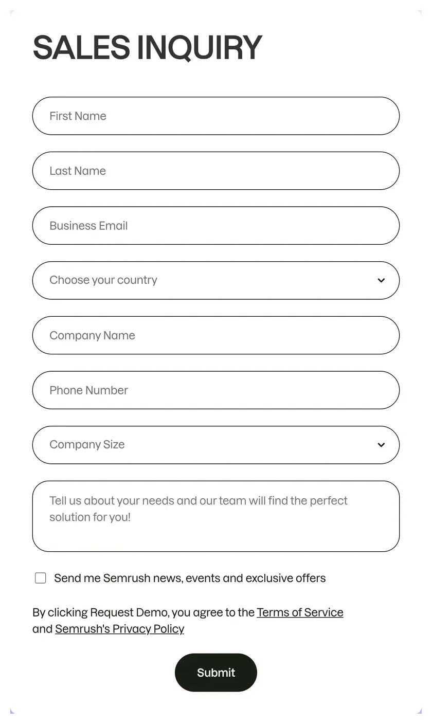 Semrush sales inquiry form with placeholder-only fields for name, business email, country, company, phone, company size and needs