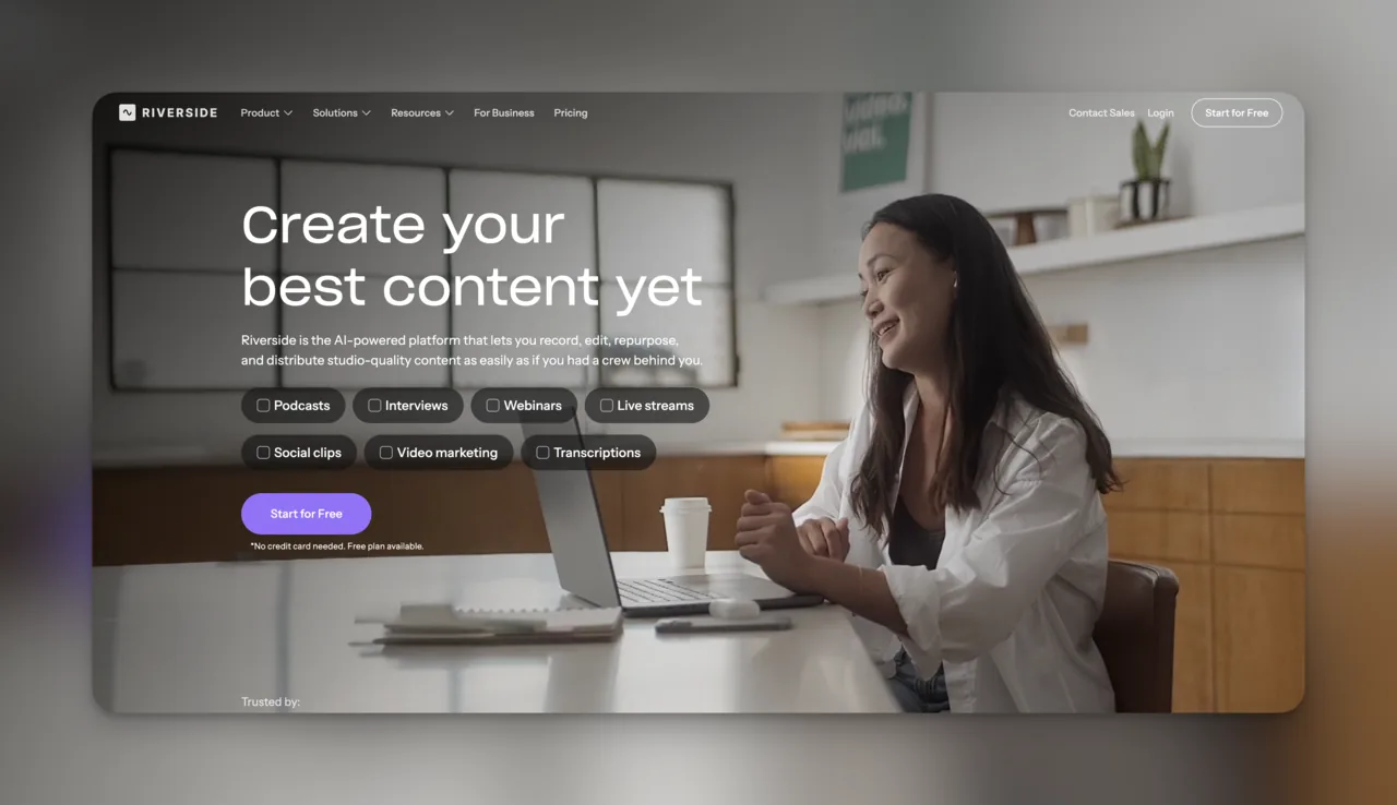 Screenshot of the Riverside homepage, an AI-powered podcast and video recording platform