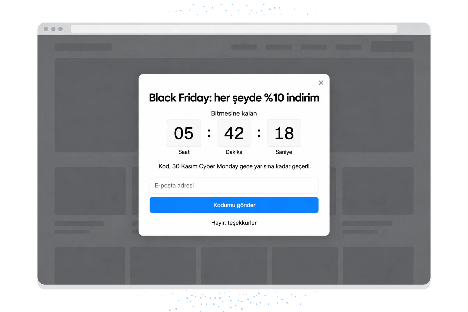 Örnek Black Friday popup'ı: her şeyde %10 indirim, 05:42:18 geri sayım, e-posta alanı ve Kodumu gönder butonu
