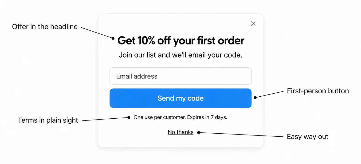 Example coupon popup with the offer in the headline, a first-person button, visible terms and a No thanks link