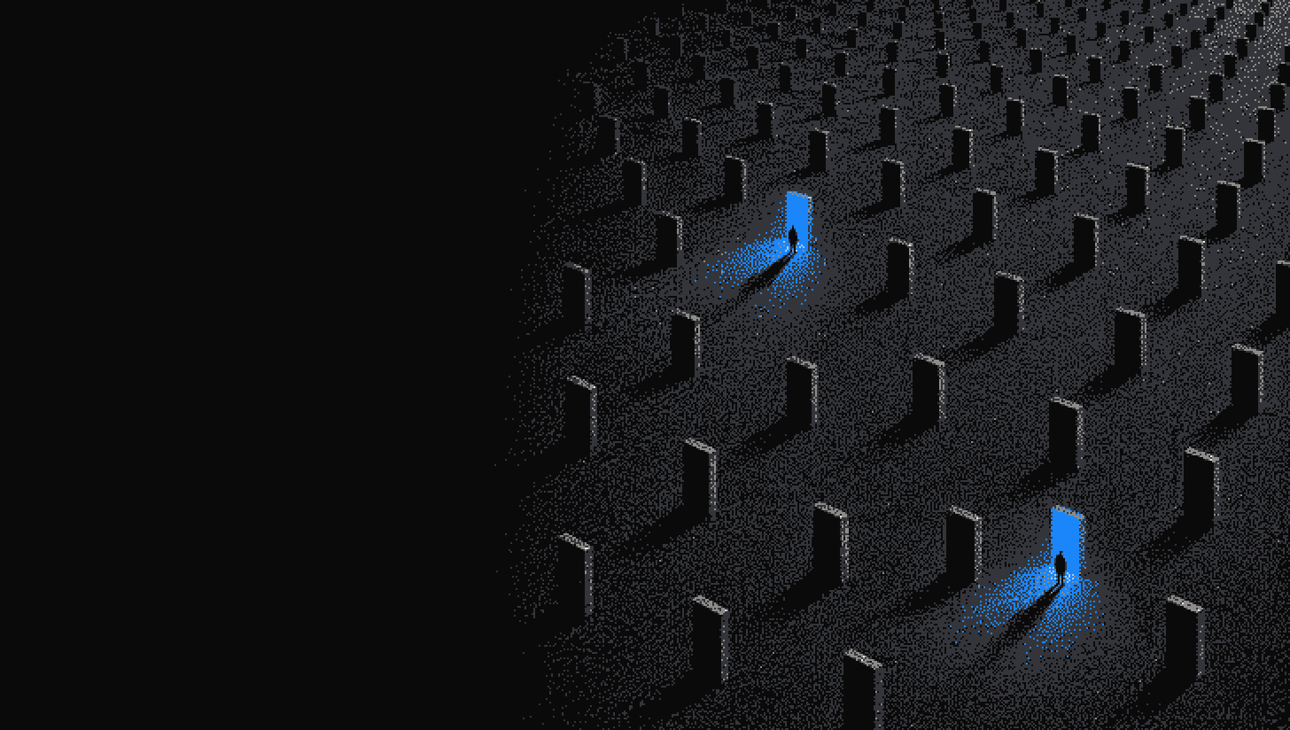 Rows of dark doorways seen from above, two of them lit blue with a shopper stopped in front of each