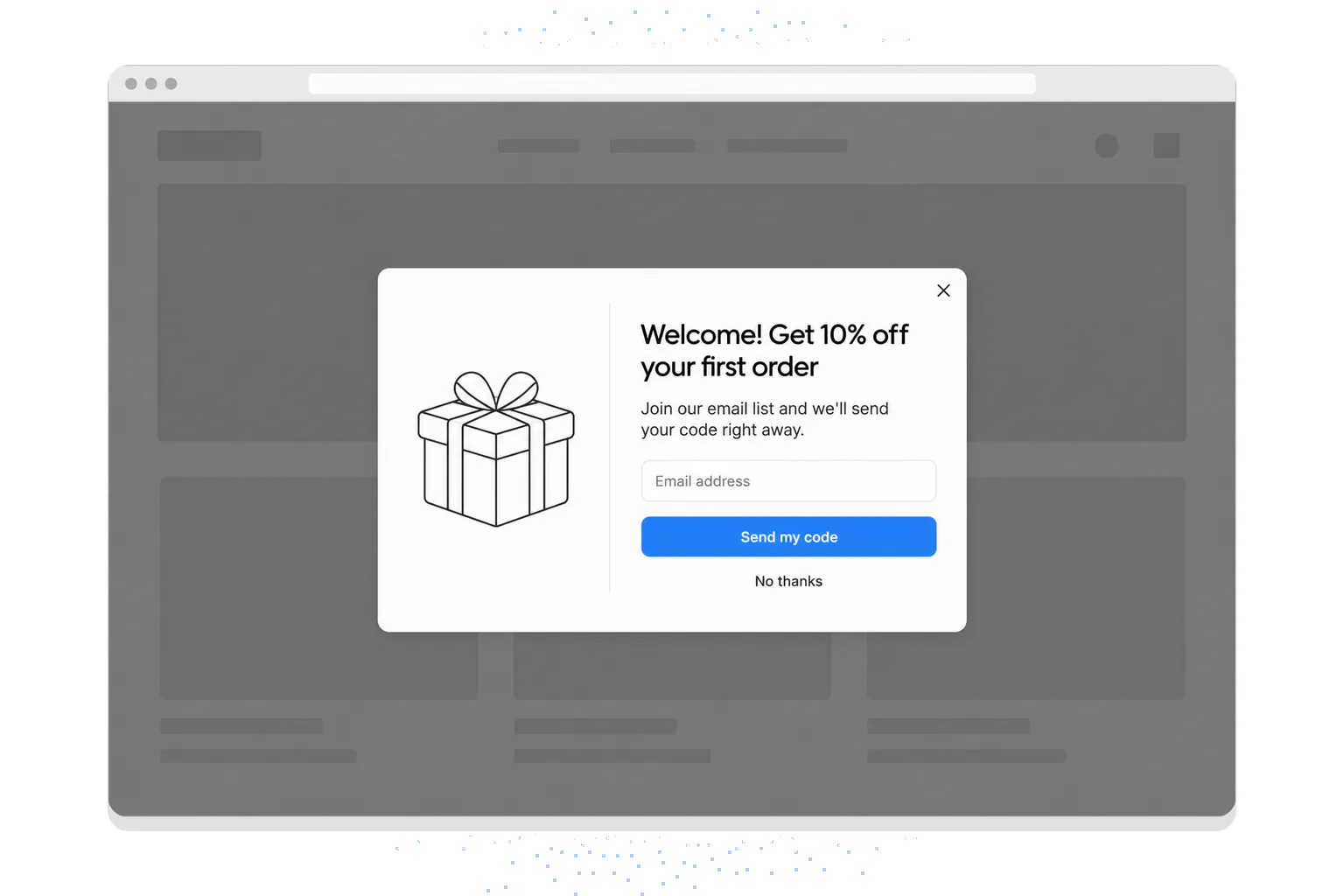 Example welcome popup on a store's home page offering 10% off the first order for an email address, with a Send my code button and a No thanks link