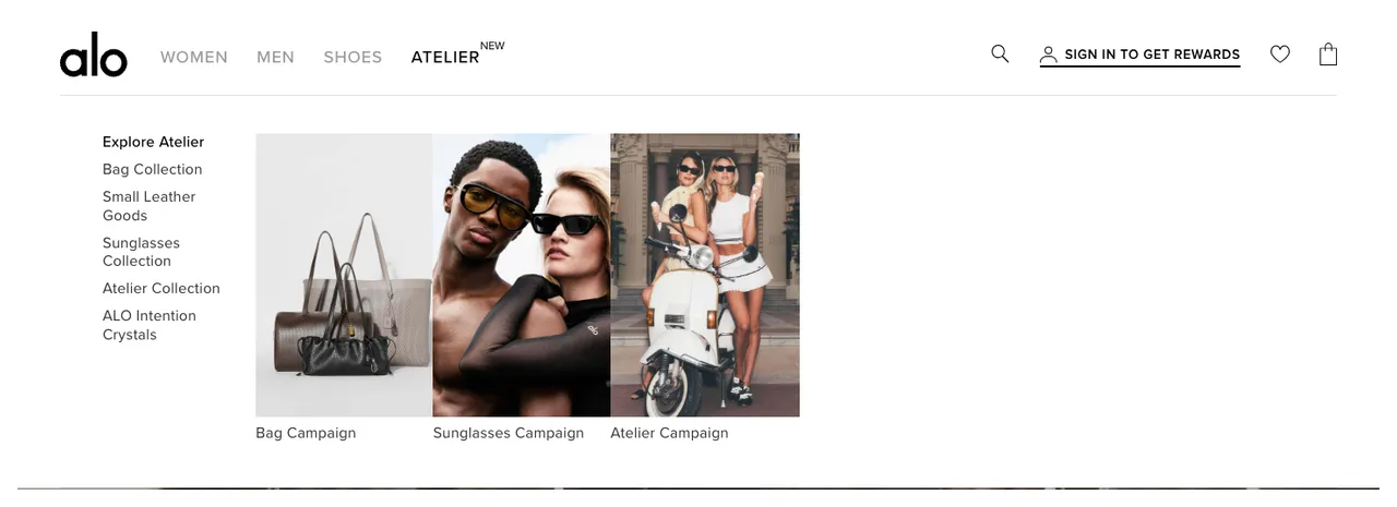 Alo Yoga Atelier tab with a NEW badge and a dropdown featuring bags, small leather goods, sunglasses and campaign images