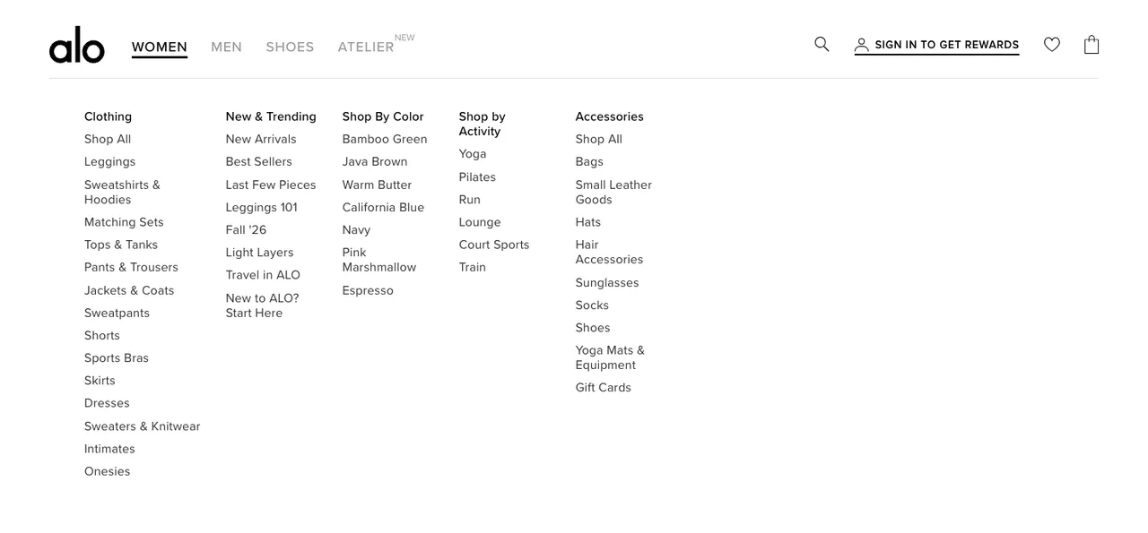 Alo Yoga Women mega menu with a New and Trending column of curated shops next to the Clothing column