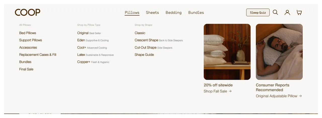 Coop Sleep Goods Pillows dropdown with a Best Seller label on the Original pillow and a Consumer Reports Recommended image tile